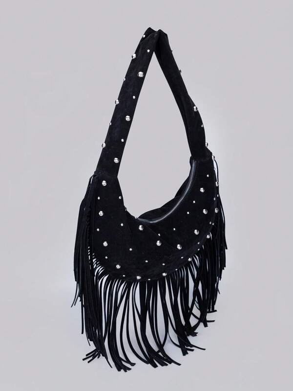 Bolsa de Estilo Lua Crescente de Estilo Punk Y2k com Estilo Minimalista Casual, Feita de Material de Camurça Preta com Tachas, Decoração com Borla com Zíper, Estilo de Luxo Silencioso e Moderno, Adequada para Uso Diário, Compras, Pode Guardar Telefone Celular, Carteira, Etc.