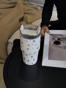 1pc 20oz (600ml) Stainless Steel Insulated Tumbler With Flower & Bow Pattern, Double Wall Vacuum Cup, Coffee Mug, Water Bottle, Suitable For Office, Home, Outdoor, School And Occasions Like Valentine's Day, Christmas, Ramadan, Mother's Day, Birthday Gift Back To School