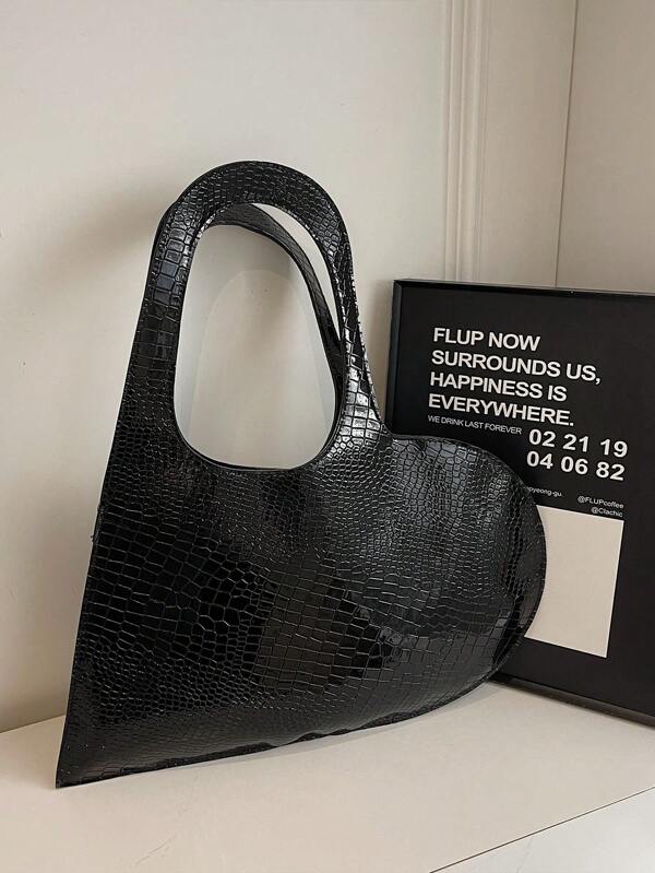 Bolsa de Ombro de Grande Capacidade, Nova Moda, Formato Assimétrico de Coração, Textura de Pedra, Material de PU Impermeável e Durável, Estilo Versátil para Compras e Passarela