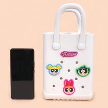 Miniso 飞天小女警系列可爱多孔手提包 - 紫色小尺寸设计，配有可互换的卡通人物饰物，非常适合日常外出和购物（1 件） - 白色 - 查看 7