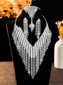 4 件奢华水钻装饰项链、耳环和手链套装，适合女性日常通勤、校园约会、婚礼派对、情人节假期 - 精緻項鍊套裝 - 查看 2