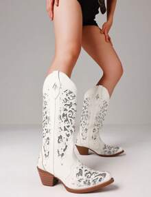 Women's Wedge Heel Boots Pointed Toe Pull-On Retro Boot Low Chunky Heels Western Side Ankle Boots Mid-Calf Outdoor Summer Spring Shoes - 白色 - 查看 3