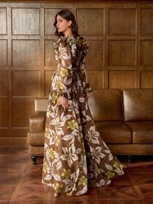 Faeriesty 印花花卉交叉 V 领连衣裙，配有喇叭袖和腰带 - A 字夏季连衣裙，适合花园派对、婚礼宾客服装、正式晚宴、豪华早午餐 - 棕色 - 查看 6