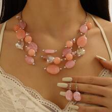 Boho-Chic 3pcs Summer Jewelry Set - Colorful Beaded & Turquoise Necklace And Earrings, Perfect For Parties & Vacations