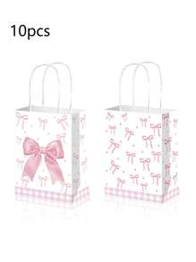 5/10pcs Pink Bow Gift Bags, Paper Bags With Handles For Women, Party, Candy, Birthday, Christmas, Wedding, Engagement,Birthday,Bride,Wedding