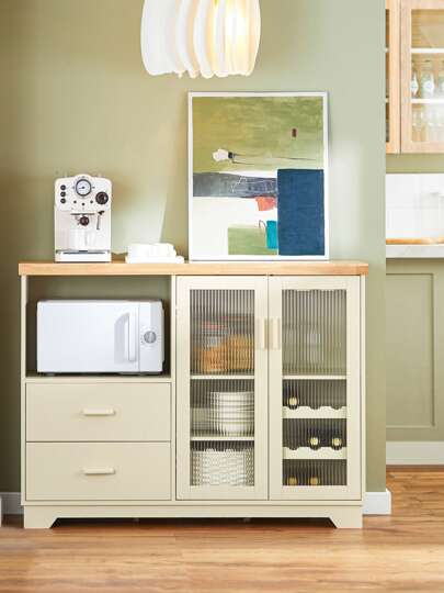 SoBuy FSB81-MI, Komoda z 2 szklanymi drzwiami, szafka pod kuchenkę mikrofalową, szafka kuchenna, jadalnia, szafka do przechowywania, beżowa i naturalna