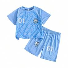 Boys' Soccer Training Sports Quick Dry Suit, Numbered Breathable Top Paired With Lightweight Comfy Shorts - Blue - View 1