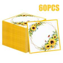 100/60/20pcs 13 * 13 Inch Disposable Party Floral Pattern Napkins With Yellow Border Butterfly Sunflower Pattern, Used For Birthday Parties, Family Gatherings, Wedding Banquets, Hotel And Restaurant Decoration Paper