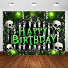 1 pieza Fondo de cumpleaños gótico, que presenta calavera, sangre verde, escarabajos, telas de araña, rayas blancas y negras, multiuso para fiestas, bodas, estudio de fotografía, decoración universal de vacaciones, sin necesidad de electricidad - 1 - Ver 1