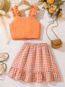 2pcs/Set Tween Girls Sweet Lace Camisole And Plaid Ruffle Hem Skirt Set, Suitable For Summer - Orange - View 2