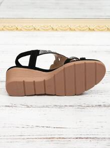 Women's New Platform Wedge Sandals - Retro Rhinestone Elastic Strap Bohemian Style Roman Sandals, Suitable For Vacation - Black - View 6