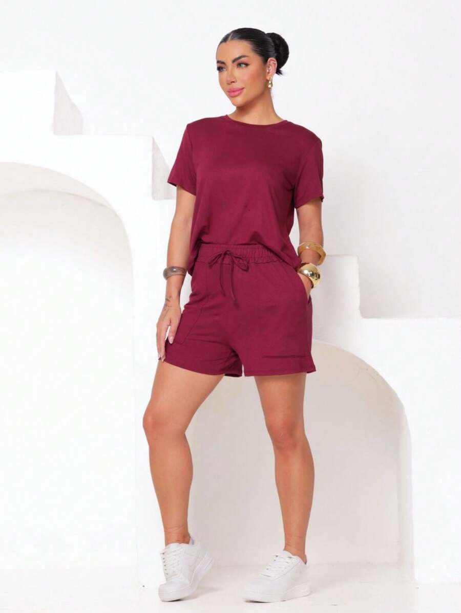 Women's Set In Fleece Fabric Comprising Shorts And Short Sleeve Cropped Top - Burgundy - View 1