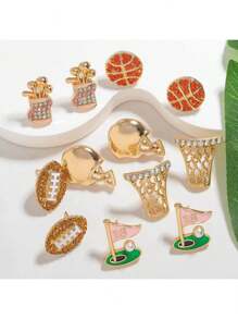 Set de 12 pares de pendientes de mujer con diseño de bolas deportivas con rhinestones, que incluyen baloncesto, aro de baloncesto, fútbol, pelota de golf, adecuados para usar en eventos deportivos diarios