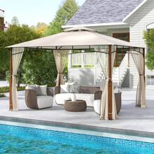 12' X 10' Outdoor Patio Gazebo W/ Netting 2-Tier Canopy Roof Metal Frame - Beige and Natural - View 2