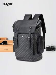 saroxi Men's Fashion Backpack, Casual Daypack, Korean Waterproof Print Large Capacity Travel Laptop Hiking Backpack,With Zipper, PVC Black Bag, Suitable Gift For Men, Fashionable Solid Color Laptop Bag Carry On Backpack, Airline Approved Travel Essentials - Multicolor - View 4