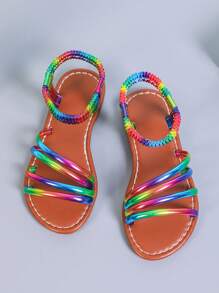 Mädchen bunte Riemchen Elastic Lässig Sandalen, flache rutschfeste Sommer neue Mode Farbblocking Strandlatschen, weich und bequem