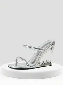 Morso Sandals For Women Shark Teeth Design High Heels Tiger Teeth Heeled Sandals Open Round Toe Slip On Strap Sandal Party Concert Outdoor Easter Gifts Spring Summer Dressy Womens Silver Heels Shoes - 銀色 - 查看 7