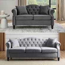 YOGLAD Modern Chesterfield Velvet Sofa, 2-Seater Sofa And 3-Seater Sofa With Curved Backrest Rolled Arm, Upholstered Tufted Backrests With Nailhead Arms And 2 Cushions For Living Room, Bedroom, Apartment, Office, Gray - 灰色 - 查看 1