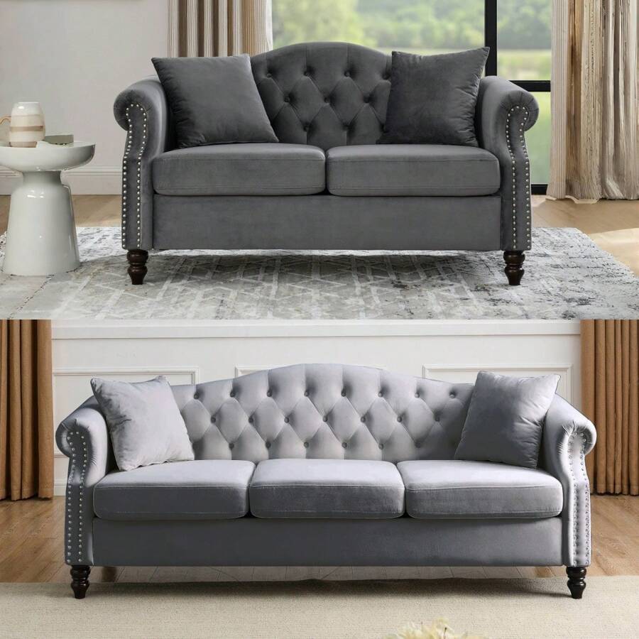 YOGLAD Modern Chesterfield Velvet Sofa, 2-Seater Sofa And 3-Seater Sofa With Curved Backrest Rolled Arm, Upholstered Tufted Backrests With Nailhead Arms And 2 Cushions For Living Room, Bedroom, Apartment, Office, Gray - 灰色 - 查看 1