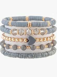 5pcs/Set Elegant Gray Soft Ceramic Heart Bead Multi-Layer Bracelet Set, Artificial Crystal Elastic Bracelet, Suitable For Ladies Daily Wear, Dating, Party, Mother's Day, Friendship Bracelet