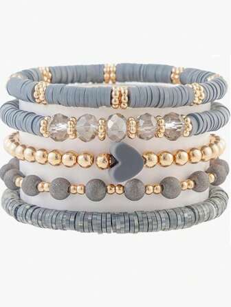 5pcs/Set Elegant Gray Soft Ceramic Heart Bead Multi-Layer Bracelet Set, Artificial Crystal Elastic Bracelet, Suitable For Ladies Daily Wear, Dating, Party, Mother's Day, Friendship Bracelet