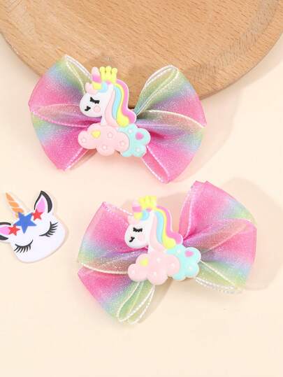 2 piezas Clips para el cabello de gasa degradada, Clips de cocodrilo con lazo de unicornio lindo, Clips para el cabello con decoración arcoíris brillante, Clips para el cabello con lazo dulce para niñas y adolescentes