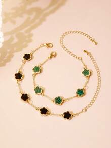 2pcs Lucky Four-Leaf Clover Anklets For Women, Exquisite & Unique, High-End Quality, Gold Color, Fashionable & Minimalist Summer Accessory - Green+Black - View 2