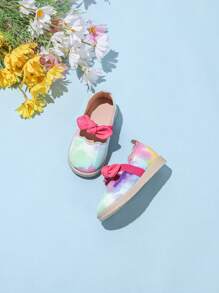 Girls Embroidered Elastic Strap Bow Decor Flat Casual Shoes - Multicolor - View 4