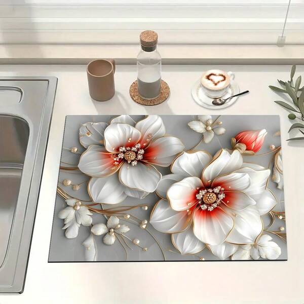 1 pieza Alfombrilla de drenaje/absorción/secado con estampado floral de primavera/verano para cafeteras, utensilios de cocina, lavadoras, fregaderos, accesorios de cocina, decoración del hogar, suministros para fiestas, decoraciones navideñas