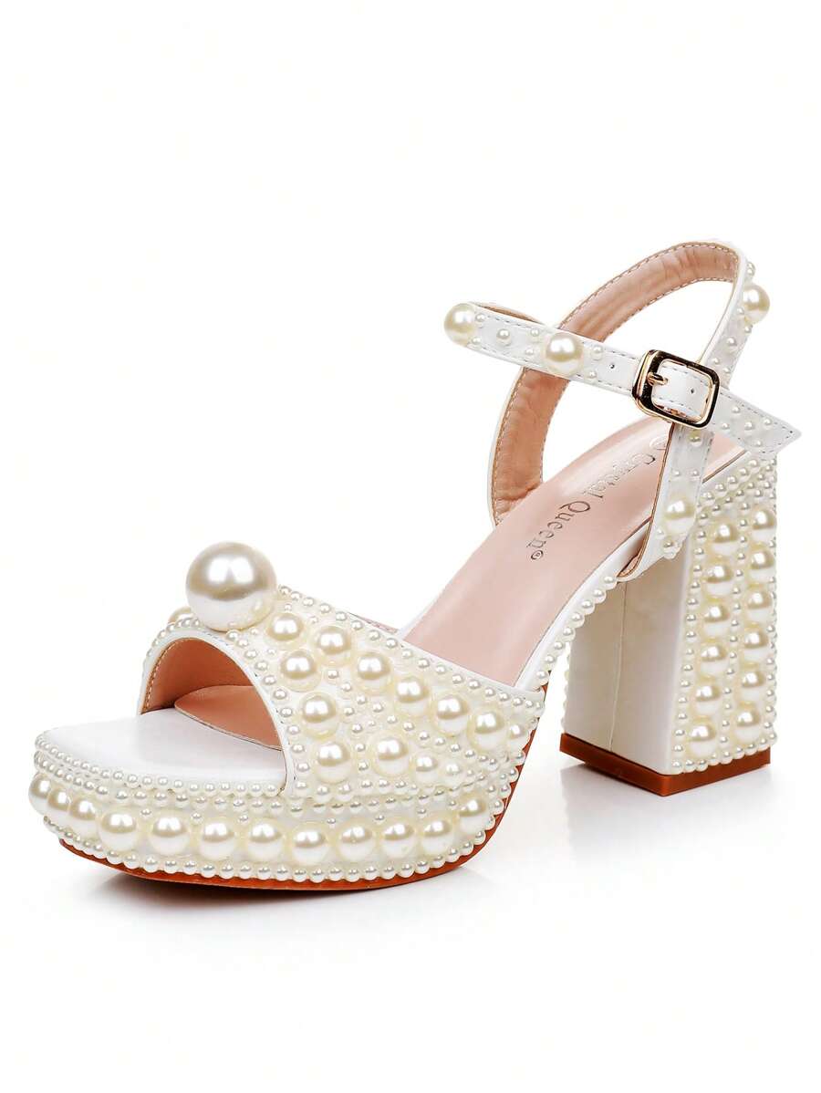 10cm Block Heel Thick Heel Sandals, Peep Toe Platform High Heels, Beige Pearl Wedding Bridal Shoes, Asymmetric Heel Party Evening Formal Dress Sandals, Elegant High Heel Sandals For Plus Size Women