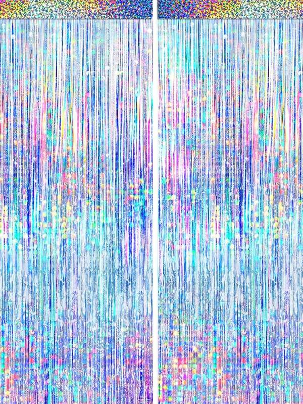 2pcs-Silver Foil Fringe Curtains With Silver Glitter Wire Background, Suitable For Birthdays, Weddings, Parties, 70's 80's 90's Themed Disco Parties, Bachelorette Parties, Rainbow Party Decorations