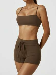 NcmRyu 1 Set Women Seamless Elastic Sexy Camisole With Padded Bra And Shorts Sports Suit - Brown - View 2