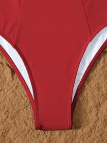 1pc Women's Casual High Neck Tied Solid Color One-Piece Swimsuit - Red - View 5