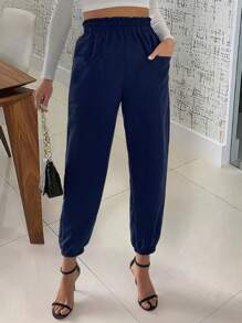 Women's Solid Color Frill Trim Waist Double Pockets Drawstring Pants - Navy Blue - View 5