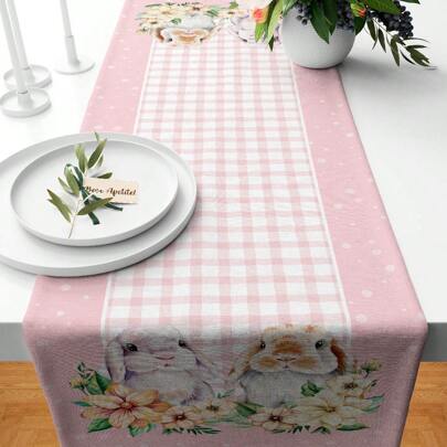 Caminho Trilho de Mesa Decoração Páscoa 110X35cm Coelha e Flores