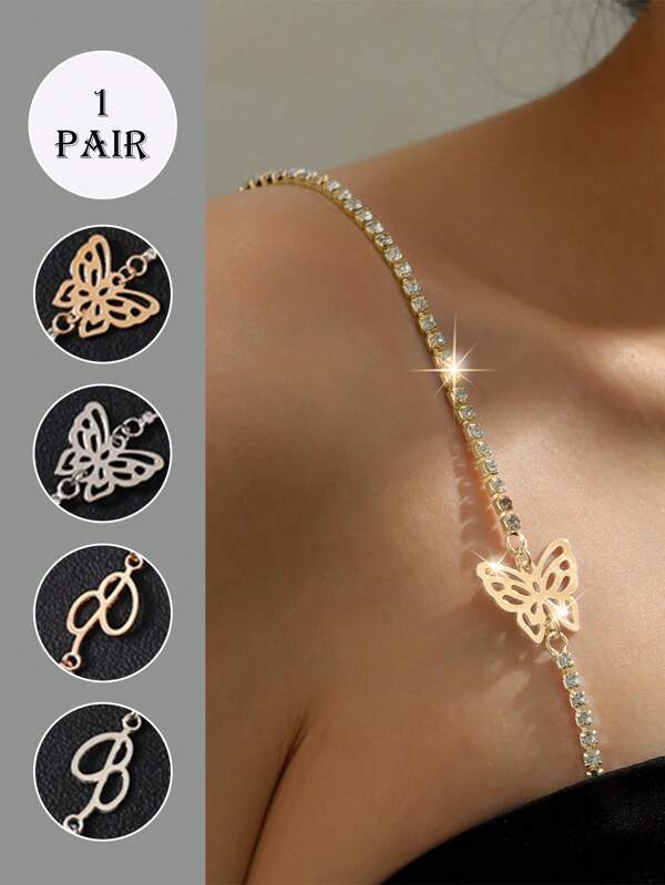 2 Piezas Tirantes de sujetador decorados con rhinestones para mujeres, moda sexy con diseño hueco off-shoulder