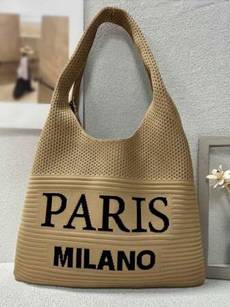 1 Large Capacity Women's Tote Bag, Paris And Milan Crochet Handbag, Retro Style Letter Hollow Bag, Knitted Bag, Women's Shoulder Bag, Beach Bag Suitable For Daily Use During Shopping And Travel
