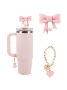 2pcs/Set: 1pc Silicone Bow Straw Topper & 1pc Letter Heart Bow Cup Tag, Fit For 40oz Cup, 10mm Straw Diameter, With Handle Glass Cup, Cute Pink Butterfly Decoration, Back To School Supplies