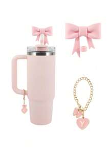 2pcs/Set: 1pc Silicone Bow Straw Topper & 1pc Letter Heart Bow Cup Tag, Fit For 40oz Cup, 10mm Straw Diameter, With Handle Glass Cup, Cute Pink Butterfly Decoration, Back To School Supplies