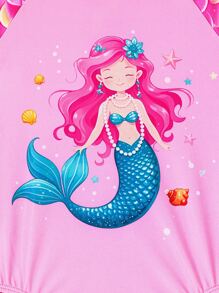 1pc Girls' Round Neck Long Sleeve Zipper Mermaid Scale Print Swimsuit - Hot Pink - View 8