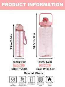 Botella de agua de 2000ml o 750ml, 1/2 piezas, a prueba de fugas, con flujo rápido de agua, para fitness, gimnasio, al aire libre, oficina, vuelta al colegio (rosa), con marcador y pajita, de gran capacidad, accesorio esencial para el viaje de verano a la playa