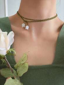 1pc Fashionable Green Lily Of The Valley Beaded Necklace, Unique High-End Gift For Women, Mother's Day - Green - View 6