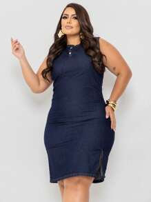 Plus Size Denim Dress, Midi Tube Model, With Side Slit - Azul - Ver 4