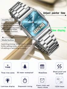 SANDA. SANDA Men's Fashion Watches Business Style Alarm Clock Steel Band Watch Square Dial