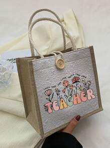 1pc Best Teacher Ever Letter And Flower Print Linen Tote Bag, Reusable Printed Women'S Tote Bag, Double Handle Shopping School Bag, Large Capacity Shoulder Bag, Casual Tote Bag, Christmas Storage Bag, Suitable For Commuting, School And Shopping, Convenient For Outdoor Use, Gift For Friends And Besties, Teacher Gift, Perfect Choice For Vacation And Festival, Best Teacher Christmas, Thanksgiving Gifts, Thank You Teacher Gifts