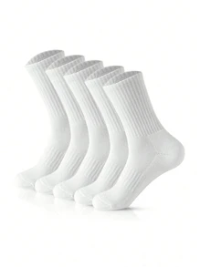 5pairs Solid White, Simple And Casual Sports Socks That Are Versatile, Essential For Staying At Home Or Traveling, And Suitable For All Seasons. They Are Mid-Calf Length With A Cinched Waist. - White - View 7