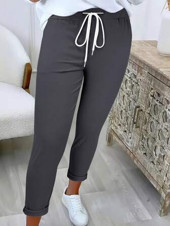 Women's Casual Solid Color Drawstring Waist Long Pants