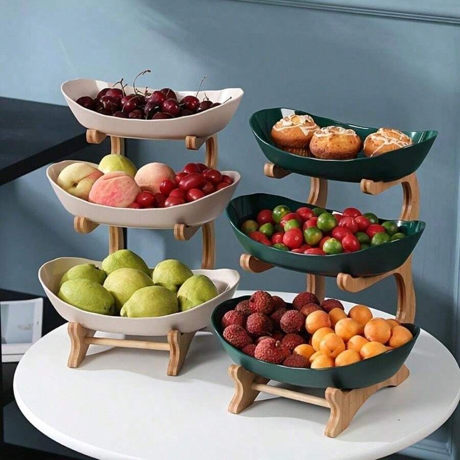 Fruit Display Rack, 1 Count 3-Layer Fruit Tray With Wooden Stand, Large Capacity Fruit Storage Rack, Snack Nuts Dessert Display Rack For Home Kitchen
