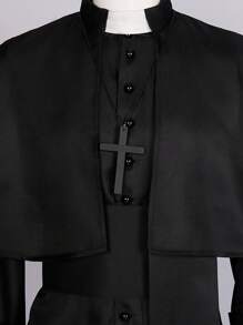 Men's Solid Priest, Friar Medieval Vintage Priest Monk Robe Wizard Halloween Death Costume With Cross Necklace And Belt Black Cape