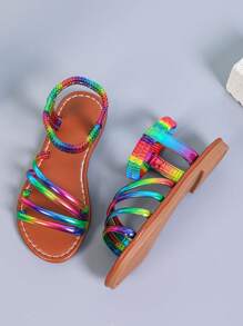 Mädchen bunte Riemchen Elastic Lässig Sandalen, flache rutschfeste Sommer neue Mode Farbblocking Strandlatschen, weich und bequem